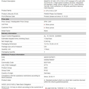 ซีพียู SIMATIC S7-300 รุ่น 313C-2 PTP ขนาดกะทัดรัด พร้อม MPI 16 DI/16 DO 6ES7313-6BG04-0AB0 ที่ทันสมัย - Product Image 1