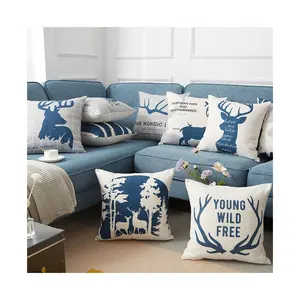 定制品质蓝色北欧鹿字母森林帆布亚麻棉枕头套