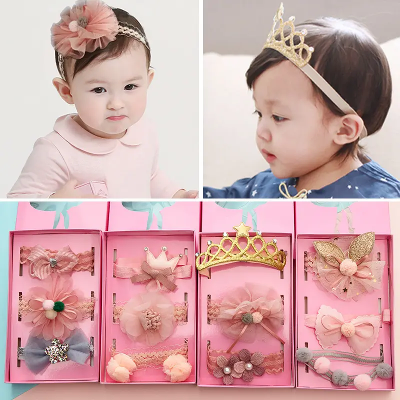 Set di tre pezzi fasce per bambini confezione rosa corona per bambini fiocco fiori fascia per capelli elastica fiocco fasce per bambina