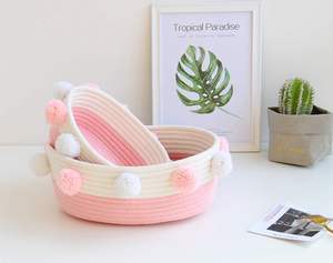Pliable <span class=keywords><strong>petit</strong></span> rose et blanc jouets maquillage serviette cadeau organisateur Pom Pom décor tissé coton corde <span class=keywords><strong>panier</strong></span> pour salon - Product Image 2