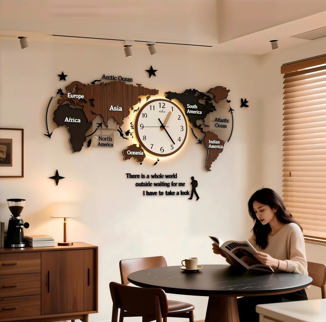 Nordic 3D Creative Light Luxury Large  Wall Watch  High-end World Map  Living Room Still Life Wall Clock Wall Art Home Decor
