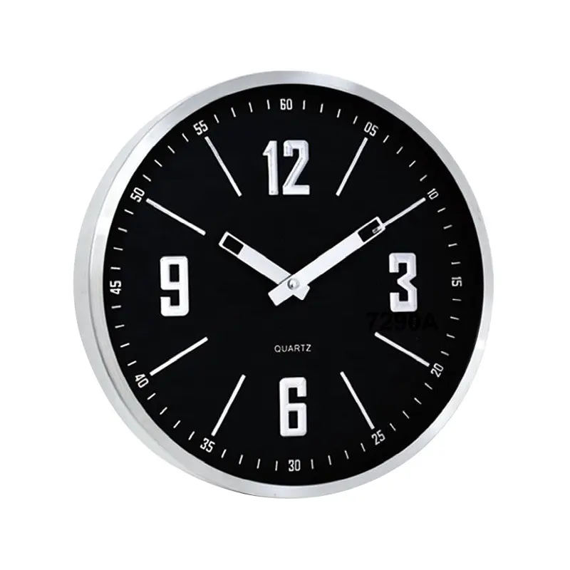 12inch Fashion simple design 3D embossed number metal wall clock no second hand black metal clock with large numbers