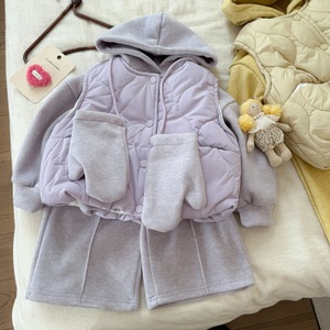 Girls Winter Cotton Outfit Set With Hooded Vest Gloves Thickened Pants Solid Color Children's Clothing - Product Image 1