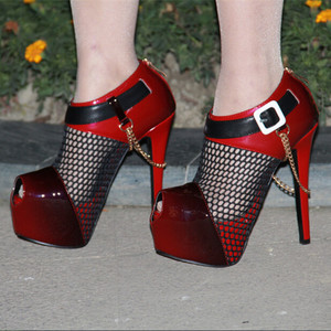 14cm Heels Women Stiletto Dress <b>Shoes</b> extreme High Platform Heels Fishnet Sandals Summer Metallic Chain Peep Toe Pumps for Women - Product Image 6