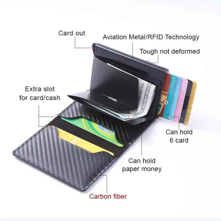RFID Blocking Card Holder Aluminium Metal Pop up Card Case Carbon Fiber ...