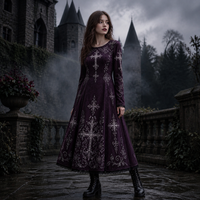Robe trapèze décontractée pour femme à manches longues, imprimé croix gothique sombre, bordure en dentelle florale vintage