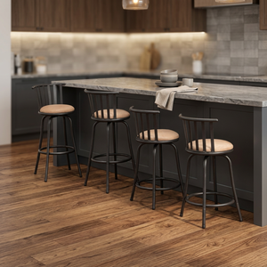 Modern Commercial Home Bar <b>Stools</b> Adjustable 360-Degree Swivel Upholstered Back Iron <b>Legs</b> Beige Fabric Eco-Friendly 260LBS - Product Image 3