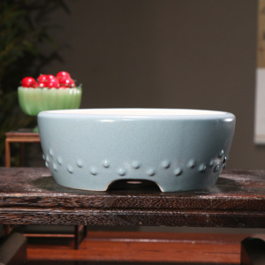 Maceta de Cerámica con Forma de Tambor Inspirada en el Zen, Maceta Redonda de Estilo Chino Clásico para Escritorio, Esmalte Verde - Product Image 3