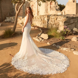 Ethereal Train Wedding Dress V-Neck Mermaid Silhouette Embroidered White Gown For Church Lawn Weddings - Product Image 4