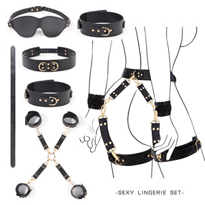 Ensemble de bondage BDSM 8 pièces en cuir noir avec menottes, masque et ceinture pour jeux de rôle adultes unisexes - Product Image 4