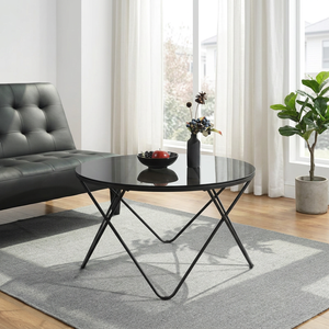 AK Brass Attractive Metal Coffee Table <b>Black</b> Finished <b>Frame</b> With Top Round Glass Traditional Furniture For Hotel Room Furniture - Product Image 2