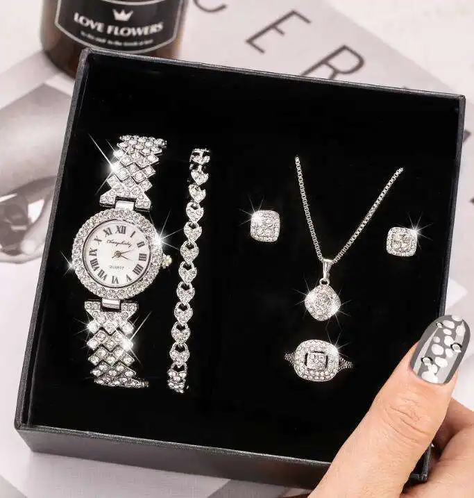 4 Stuks Een Set Luxe Mode Sieraden Armband Ketting Strass Quartz Horloge Sets Geschenken Voor Vrouwen Meisjes Dames