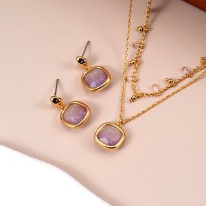 Conjunto de Joyería de Moda 2024 al por Mayor con Colgante y Aretes de Cristal Cúbico y Gemas Bañado en Oro para Mujer - Product Image 1