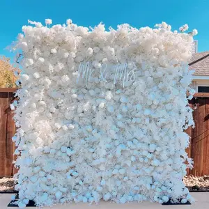 IFG शादी सफेद पृष्ठभूमि सजावट रोल अप कृत्रिम रेशम गुलाब 3D फूल दीवार सजावट