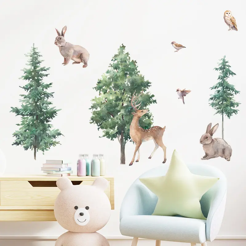 Self adhesive 3d cute bunny animal tree safari wall stickers home decoration for kids room