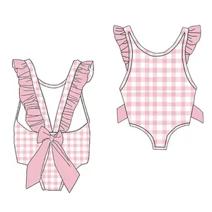 Musim panas baru kedatangan anak-anak ruffle dan busur bodysuit cetakan kustom bayi perempuan pakaian renang bikini pantai