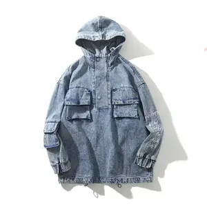 100% Baumwolle Premium Qualität Komfort Säure gewaschen Cargo Style Hooded Button Up Stilvolle Jean Denim Jacke Outwear Herren jacken