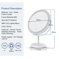 Miroir de maquillage éclairé avec cadre rond en ABS blanc, 30x43cm, 84 LED, luminosité réglable, 3 modes de couleur, rotation à 360°, capteur tactile, HD 1X