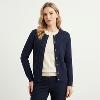 Cardigan en maille pour femme, col rond, boutonné, manches longues, bleu marine, coupe ample, avec logo personnalisé, vente en gros, tricot, manteau uni, haut
