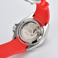 Montre de plongée automatique en argent personnalisée pour hommes, bracelet en cuir rouge, aiguilles lumineuses, boîtier en acier inoxydable de 42 mm, verre saphir synthétique