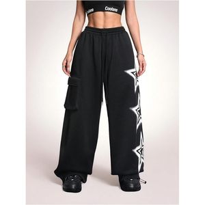 Pantalon cargo ample Y2K pour femme, imprimé étoiles, avec cordon de serrage, taille élastique, jambe large, doublure polaire - Product Image 3
