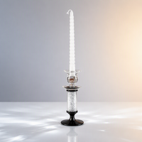 Porte-bougie en cristal avec coupelle en forme de pétale, colonne en verre argenté, col en boule de verre, base ronde noire, bougeoir moderne pour la décoration de la maison et de la table