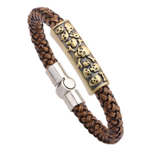 European American Style Men's Skull <b>Bracelet</b> Braided Leather <b>Rope</b> Copper Alloy Gift Jewelry QNW6102 - Product Image 1