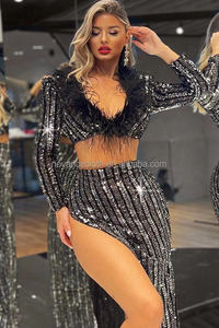 Novance Pakaian Wanita Keluaran Baru <span class=keywords><strong>2</strong></span> Potong Set Celah Gaun Malam Pernikahan 2022 Berpayet Bulu Tropis Vestidos De Verano - Product Image 2