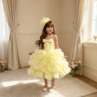 Robe mi-longue bouffante en organza à volants multicouches avec corsage à nœud pour filles, avec pince à cheveux fleur assortie, costume de princesse pour fête d'anniversaire
