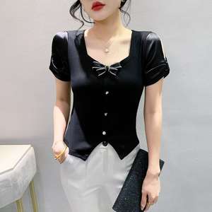 Summer New <span class=keywords><strong>Original</strong></span> Design <span class=keywords><strong>Chic</strong></span> Off-Shoulder Short Sleeve Bow Drill Buckle Fashionable Stylish Women's Top T-<span class=keywords><strong>shirt</strong></span> - Product Image 4