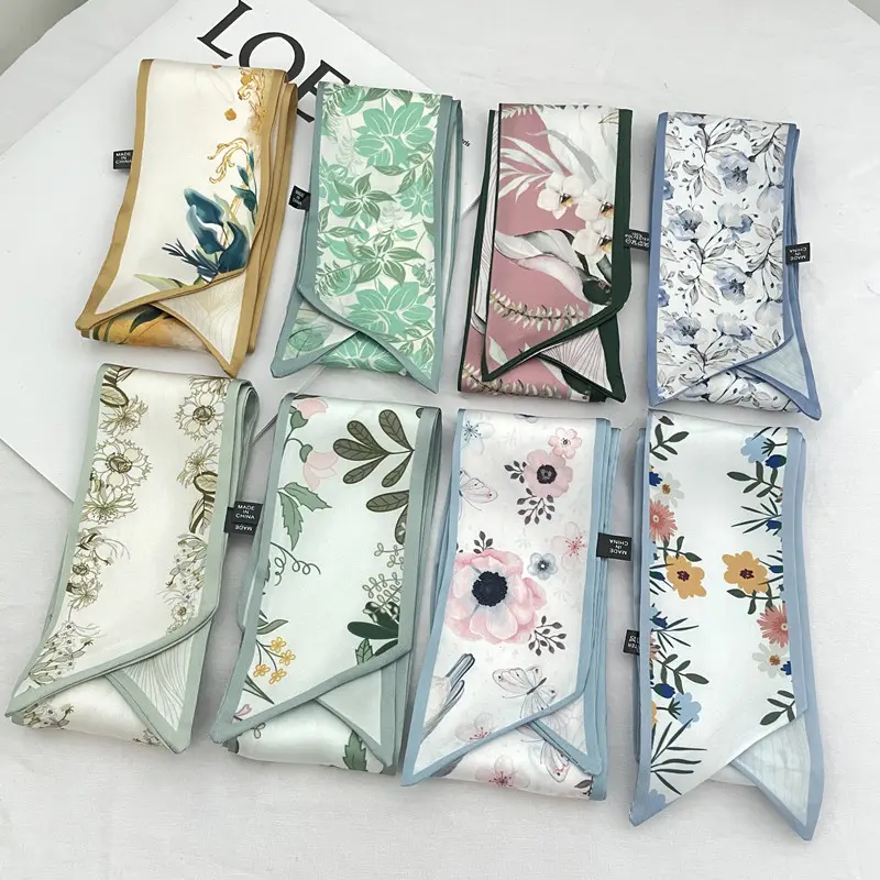 New Spring Summer Doppelseitiger Druck Bandana Schal Blumen druck Kopftuch Seiden satin Schal für Handtasche