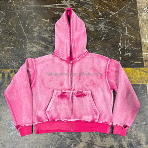 Custom Streetwear High Quality Heavyweight Mens Vintage Distressed Acid Wash Sun Faded Cropped Zip up Hoodie for men - Product Image 3