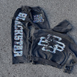 Custom Logo Dtg Print Men's <b>Rhinestone</b> Hoodies Set Vintage Acid Wash Distressed Gemstones Oversized Sweatsuit Y2k Clothing Men - Product Image 1