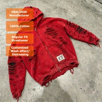 Sweat à capuche zippé streetwear 100 % coton personnalisé, détails déchirés et vieillis à la main avec effet délavé vintage, coupe oversize