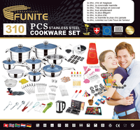 FLEY Ensemble complet d'ustensiles de cuisine en acier inoxydable 310 pièces, casseroles à soupe épaisses, spatule, cuillère, robuste et sûr pour toutes les plaques de cuisson, fournitures de cuisine africaine