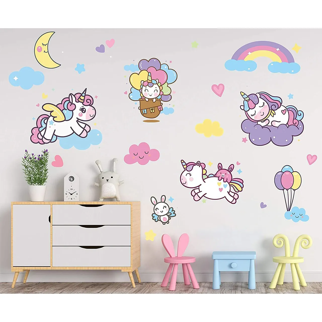 Myway Cute PVC Self-adhesive Creative Removable Unicorn Decals Wall Stickers for Kids Room Bedroom Living Room Home Decoration