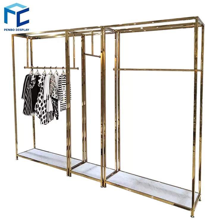 Retail Store Fixture Hanging Clothes Custom Shop Design Metal Gold Clothing Dress Display Rack