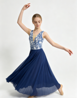 Robe de ballet longue en mousseline de soie à sequins et dentelle, sans manches, décolleté en V profond, pour femmes, costume de danse lyrique contemporaine professionnelle, en spandex
