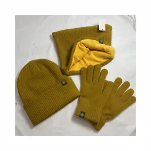 Manufacturers direct knitting warm three-piece scarf, hat and mittens can be customized logo camel wool