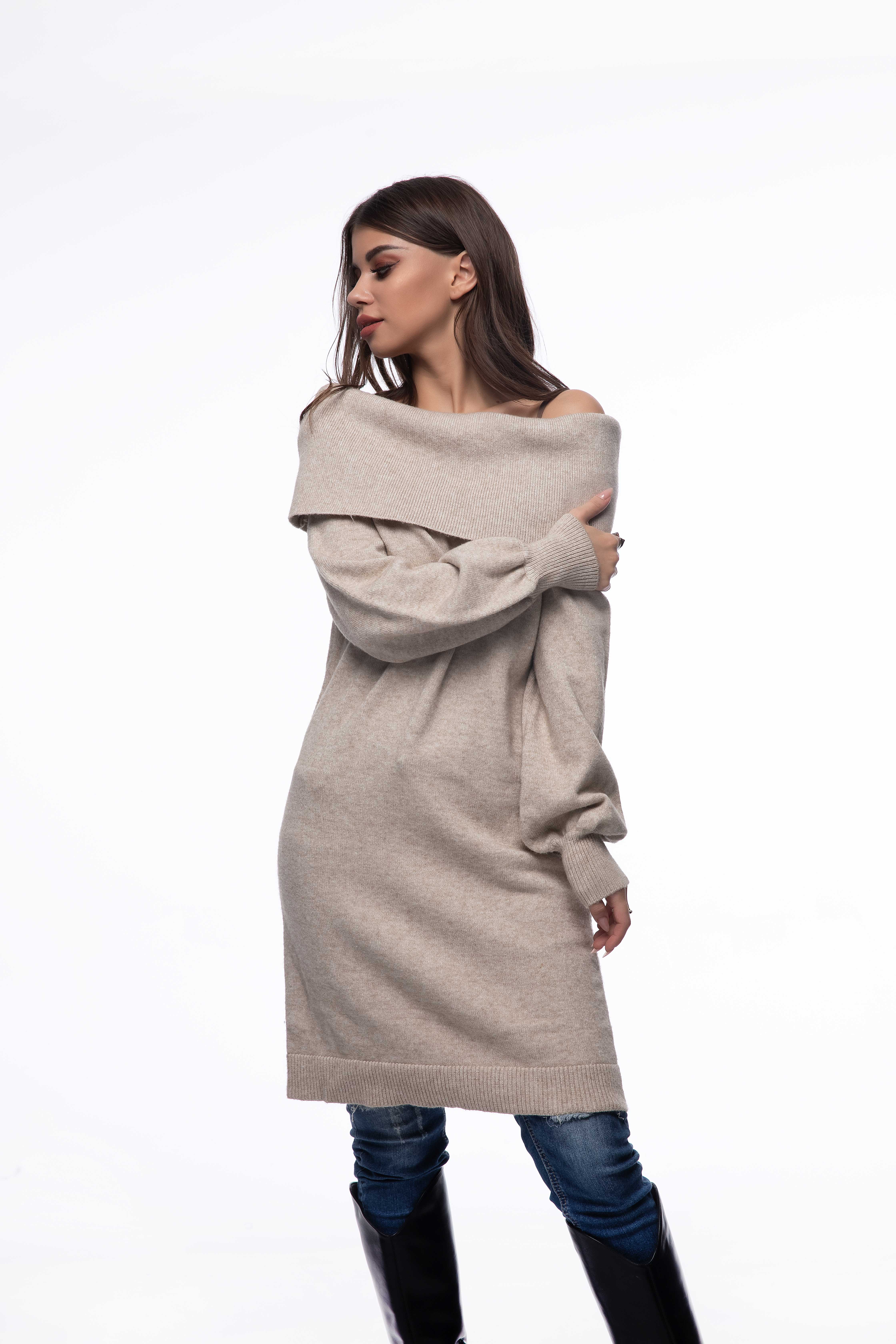 顶级时尚新款式双层船领长针织毛衣连衣裙女装