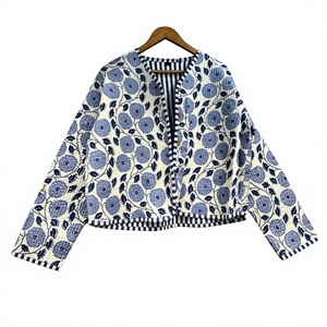 Handmade Cotton Floral Printed Short <b>Jacket</b> for Women Blue White Boho Crop <b>Jacket</b> Ethnic Kantha Style <b>Quilted</b> shrug with sleeve - Product Image 3