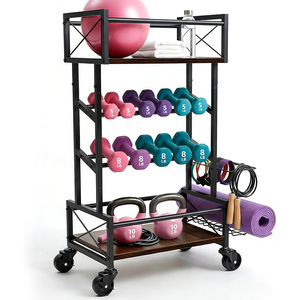 4 Tier Iron Wood Gym <b>Dumbbell</b> Storage Rack Metal Kettlebell Organizer With Wheels For Home Workout Equipment - Product Image 1