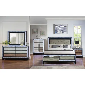 Top Seller Bedroom Furniture led light Wooden Black Frame Mirrored Queen/King Size Bed For Home Hotel