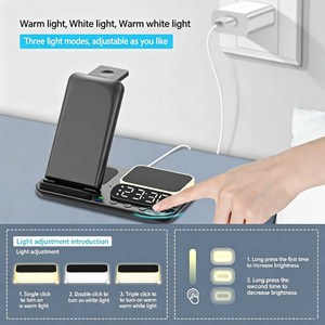 แท่นชาร์จเร็วแบบพับได้ 15W 4 in 1 สำหรับหลายอุปกรณ์ พร้อมนาฬิกาปลุกดิจิตอลและไฟกลางคืนสำหรับสมาร์ทโฟนและสมาร์ทวอทช์ - Product Image 4