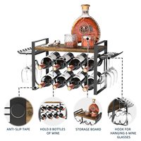 Porte-vin en métal pour comptoir, porte-vin de table en bois naturel, support de rangement pour 8 bouteilles avec plateau en bois
