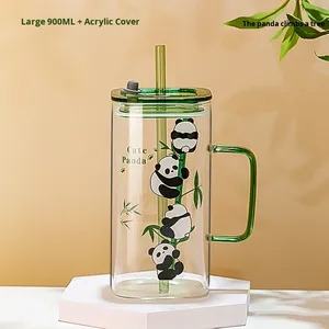 Tazza in Vetro Quadrata con Stampa di Panda Carino <span class=keywords><strong>per</strong></span> Donne, Bicchiere <span class=keywords><strong>per</strong></span> <span class=keywords><strong>Caffè</strong></span> e Tè, <span class=keywords><strong>Bicchieri</strong></span> Originali con Coperchio e Cannuccia - Product Image 6