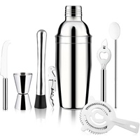 Ensemble de shaker à cocktails en acier inoxydable 9 pièces avec support en bambou, doseur, pilon, couteau à garniture et passoire pour bar à domicile et fêtes
