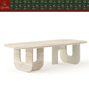 Mesa de Comedor Ovalada Larga de Travertino GOLDKING, Estilo Moderno y Lujoso, con Cubierta de Piedra Beige Claro y Base en Forma de U, Directo de Fábrica - Product Image 2