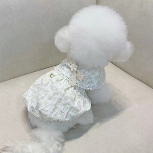 <strong>Cooling</strong> Vintage Blue Yellow Leaf Print Pet Dress With Lace <strong>Collar</strong> Bow Decor Summer <strong>Dog</strong> Clothes for Small <strong>Dogs</strong> Cats - Product Image 5