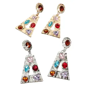 Dainty Gold And Silver Plated Hollow Geometric Women Jewelry Inlay Colorful Crystal Textured Trapezoid Women Earrings